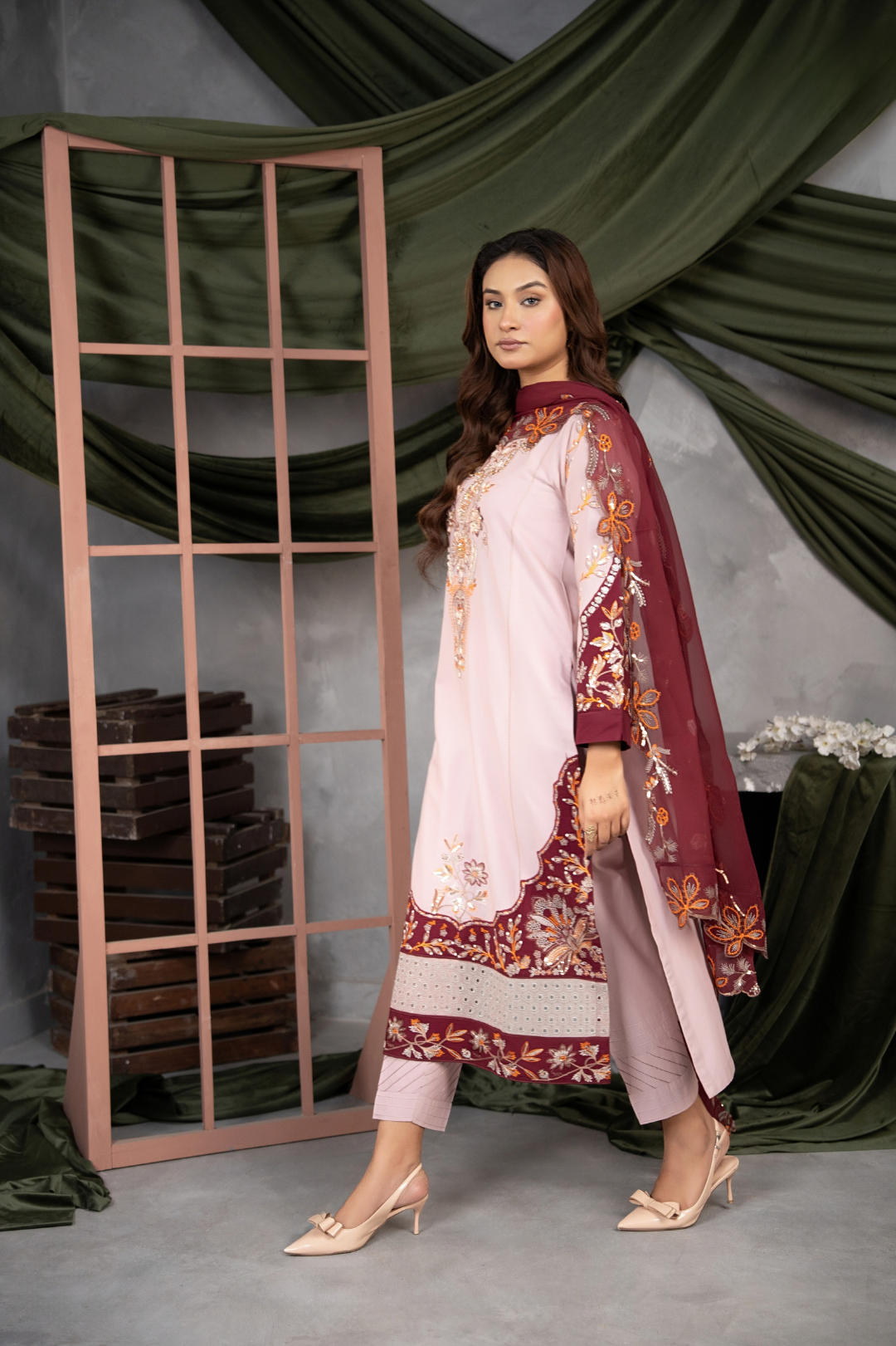 3 PCS Blush Maroon Elegance Lawn -suit