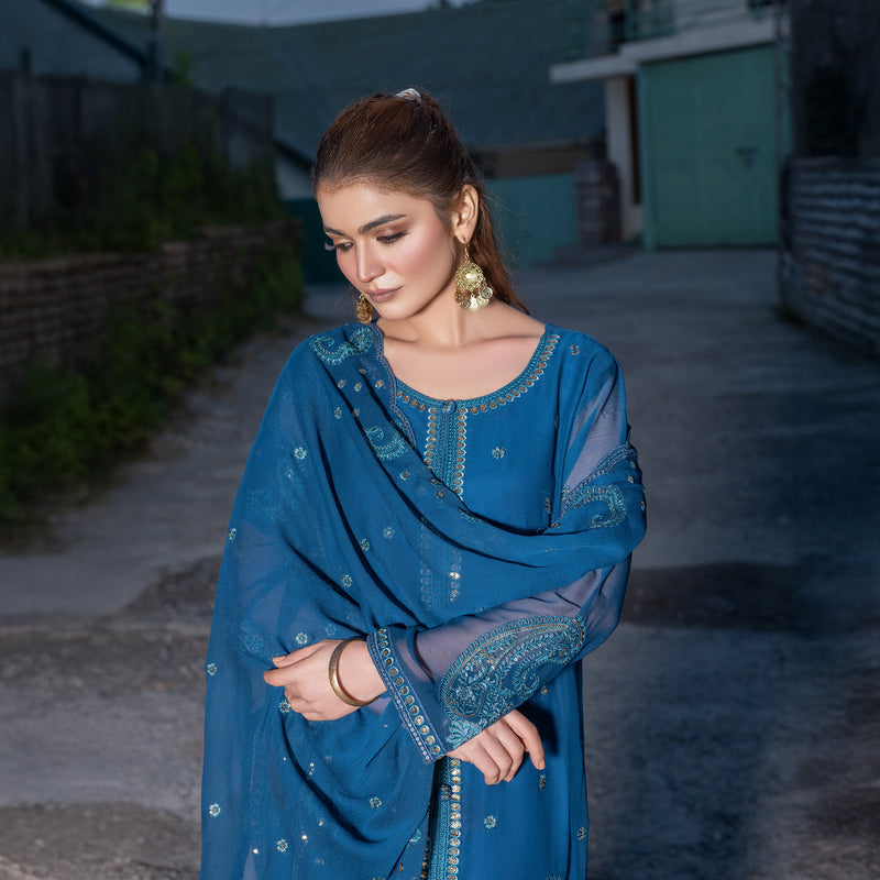 Blue Fully Embroidered 3-Piece Festive Pret