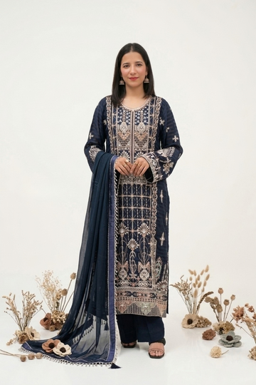 3 PCS Hand-Embroidered Luxury Navy Blue-suit