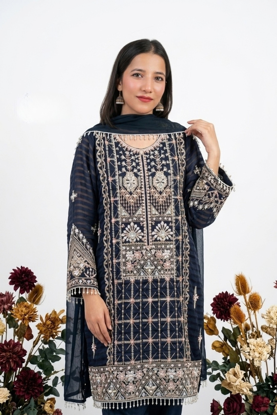 3 PCS Hand-Embroidered Luxury Navy Blue-suit
