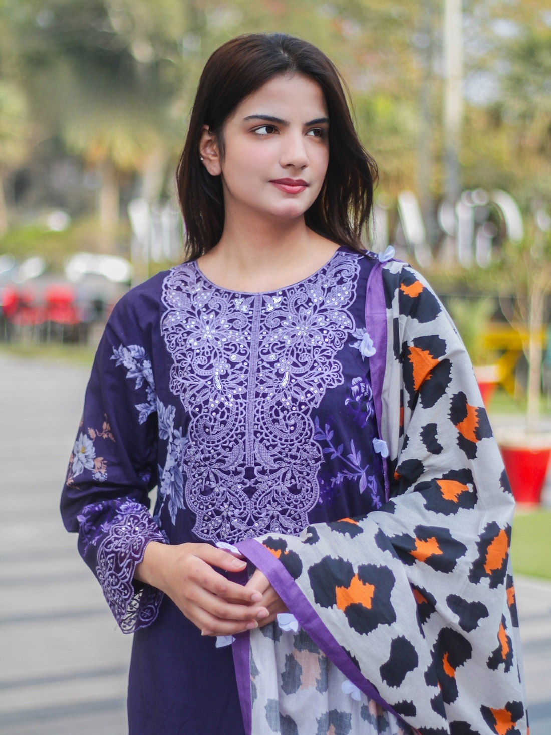 3-Piece Embroidered Floral Suit-Deep Purple
