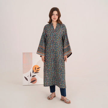 Printed Navy Blue Straight Shirt & Trouser Set | Winter Elegance 2-Piece Stitched Outfit