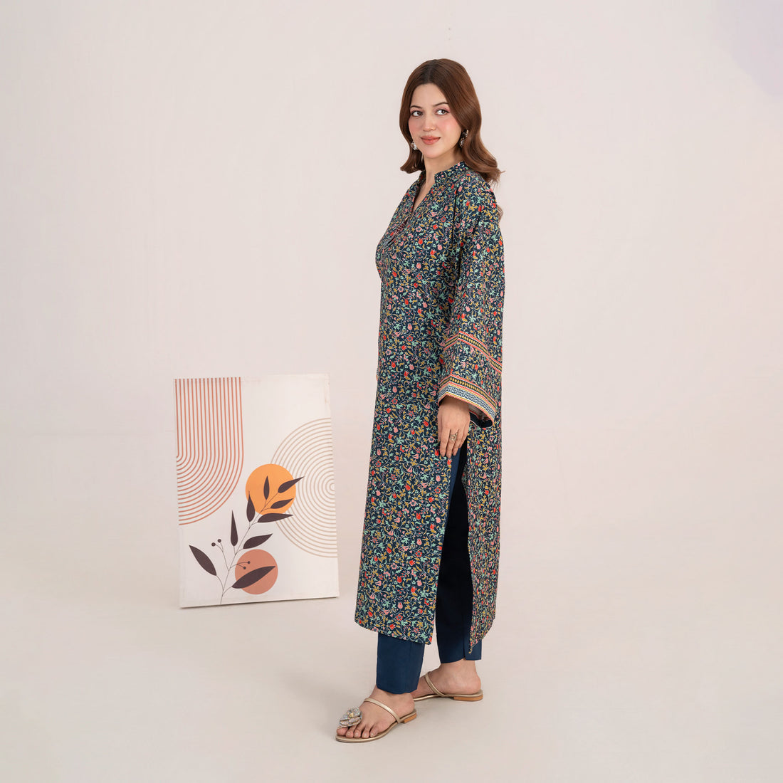 Printed Navy Blue Straight Shirt & Trouser Set | Winter Elegance 2-Piece Stitched Outfit