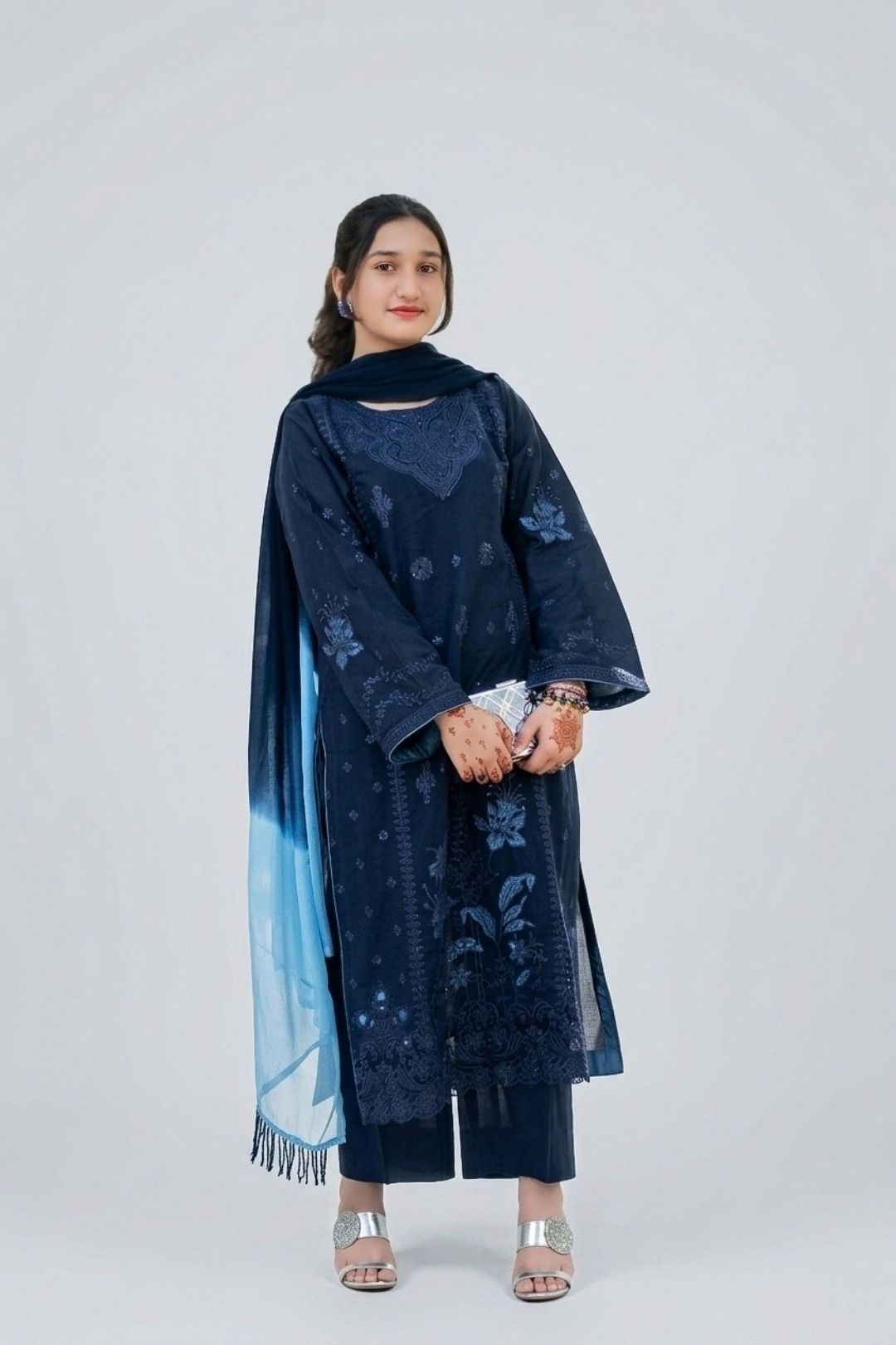 3 PCS Kurta Set Midnight Embroidered  Navy-suit