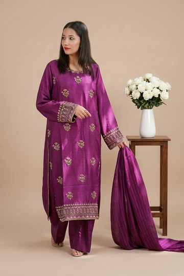 3 PCS Noor Mahal Zari Silk purple-Suit