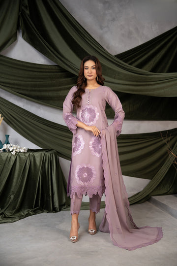 3 PCS Embroidered  Law lilac Chiffon Dupatta-Suit