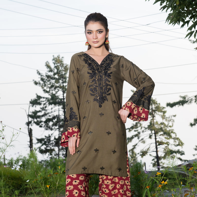 Olive Green Fully Embroidered 2-Piece Winter Luxe Pret