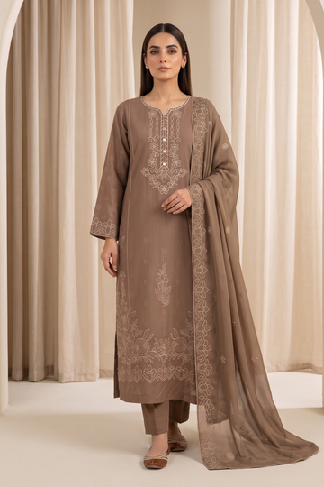 3-Piece Embroidered Lawn Light Brown Suit