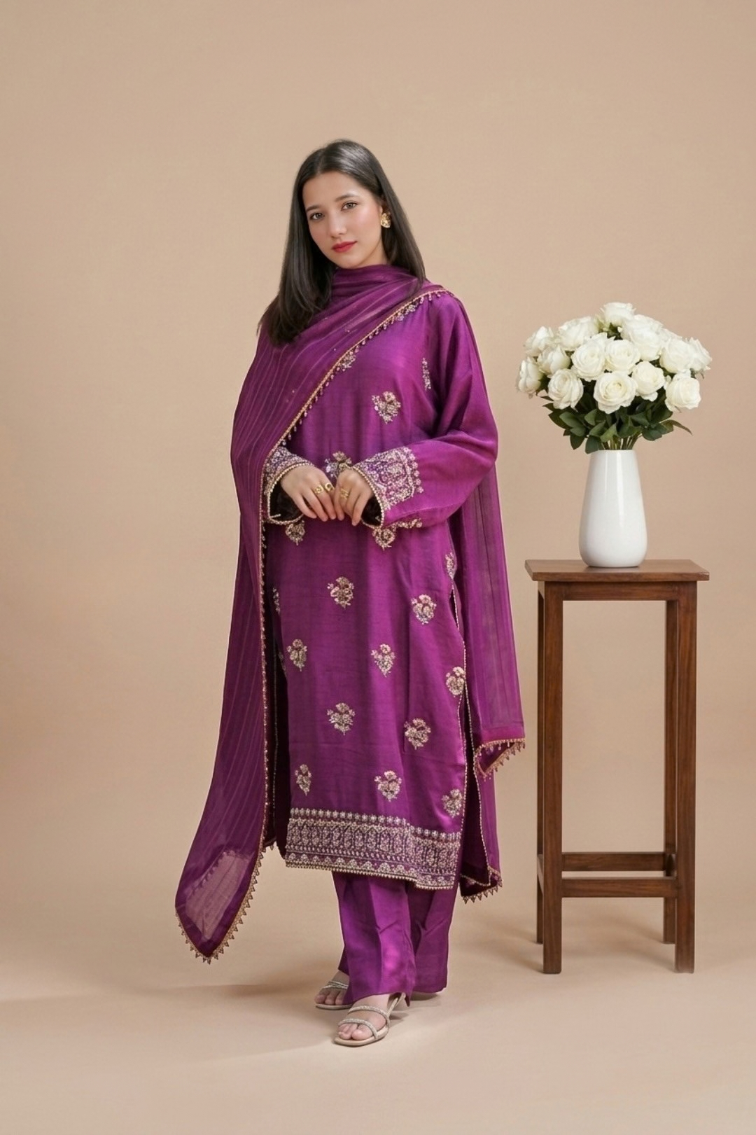 3 PCS Noor Mahal Zari Silk purple-Suit