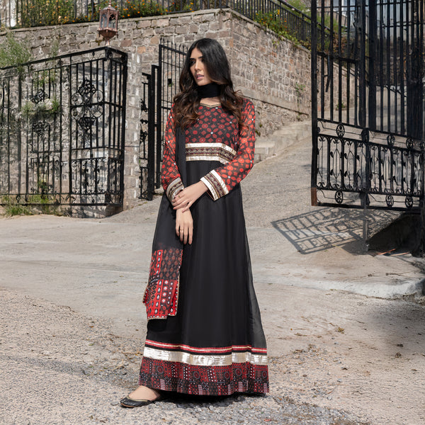 Printed Black Embroidered Maxi 3-Piece Festive Pret