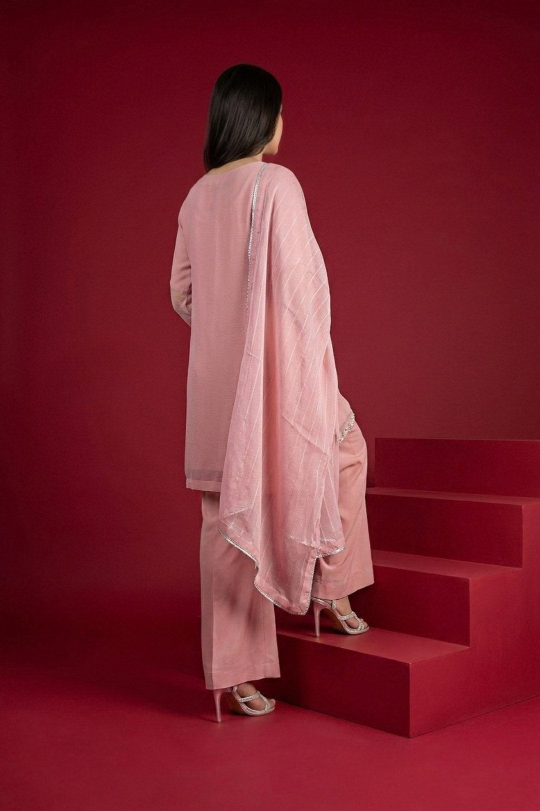 3 PCS Elegance Chiffon Kurta with Raw Silk Palazzo  Blush Pink-Suit
