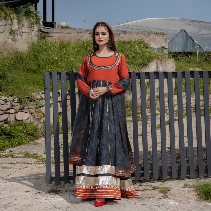 Printed Orange Embroidered Maxi 3-Piece Festive Pret