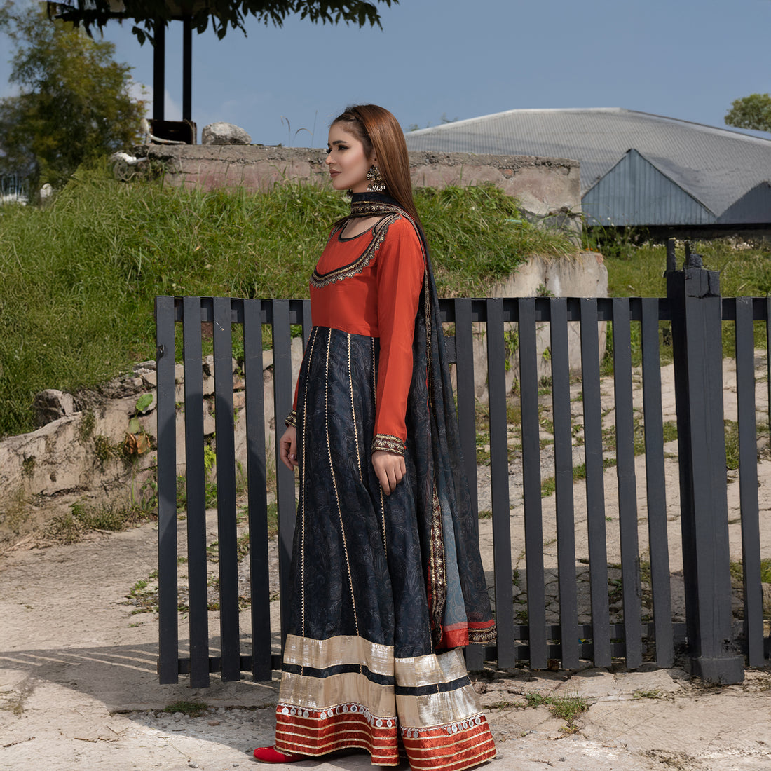 Printed Orange Embroidered Maxi 3-Piece Festive Pret