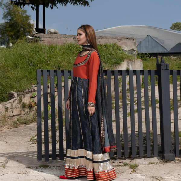 Printed Orange Embroidered Maxi 3-Piece Festive Pret