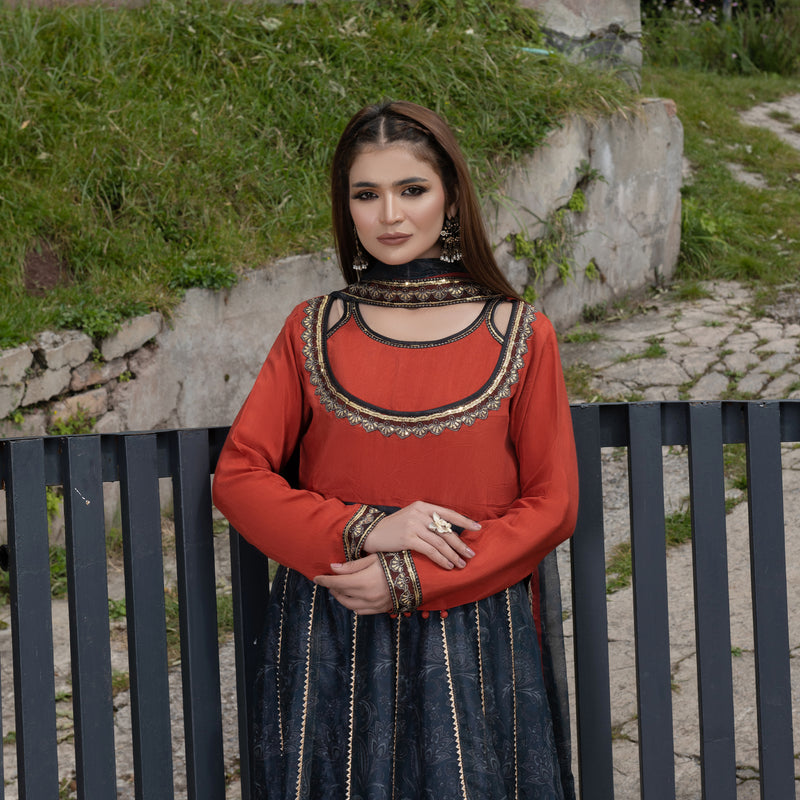 Printed Orange Embroidered Maxi 3-Piece Festive Pret