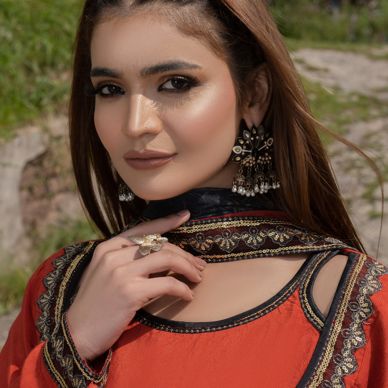 Printed Orange Embroidered Maxi 3-Piece Festive Pret