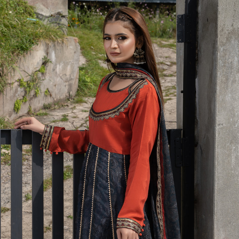 Printed Orange Embroidered Maxi 3-Piece Festive Pret