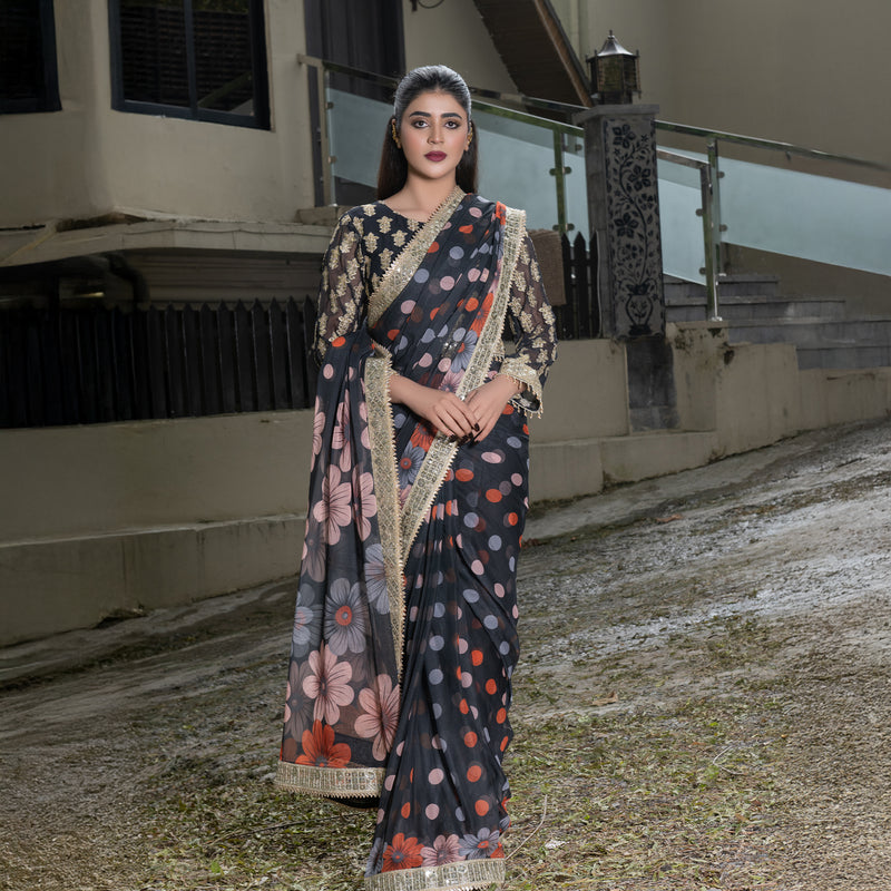 Printed Black Fully Embroidered Saree with Gotta Patti