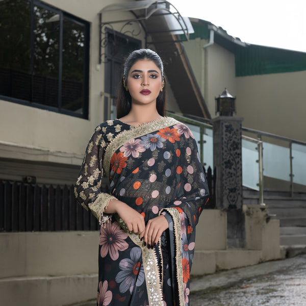 Printed Black Fully Embroidered Saree with Gotta Patti