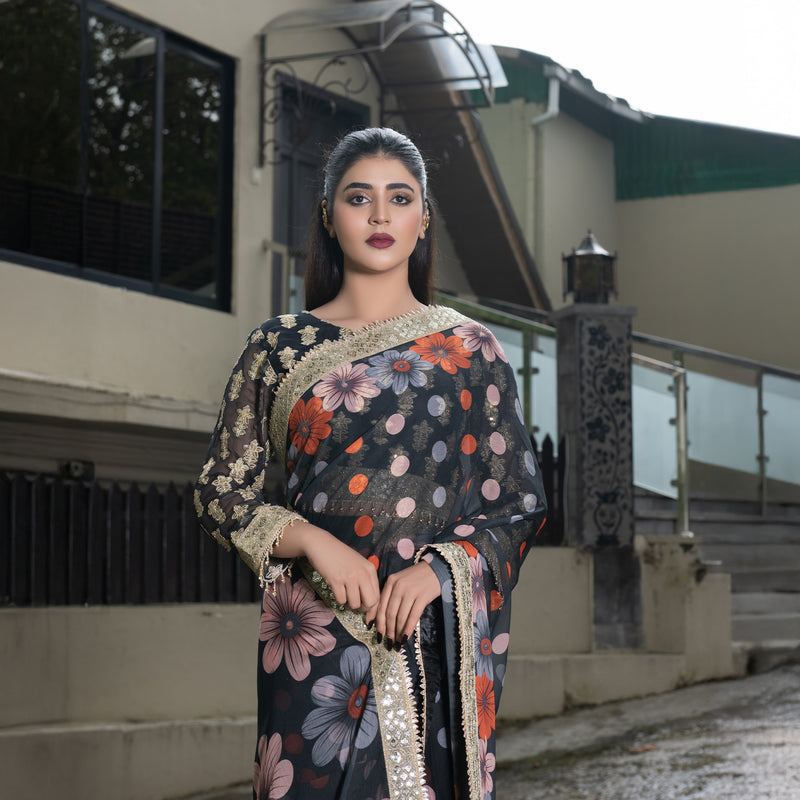 Printed Black Fully Embroidered Saree with Gotta Patti
