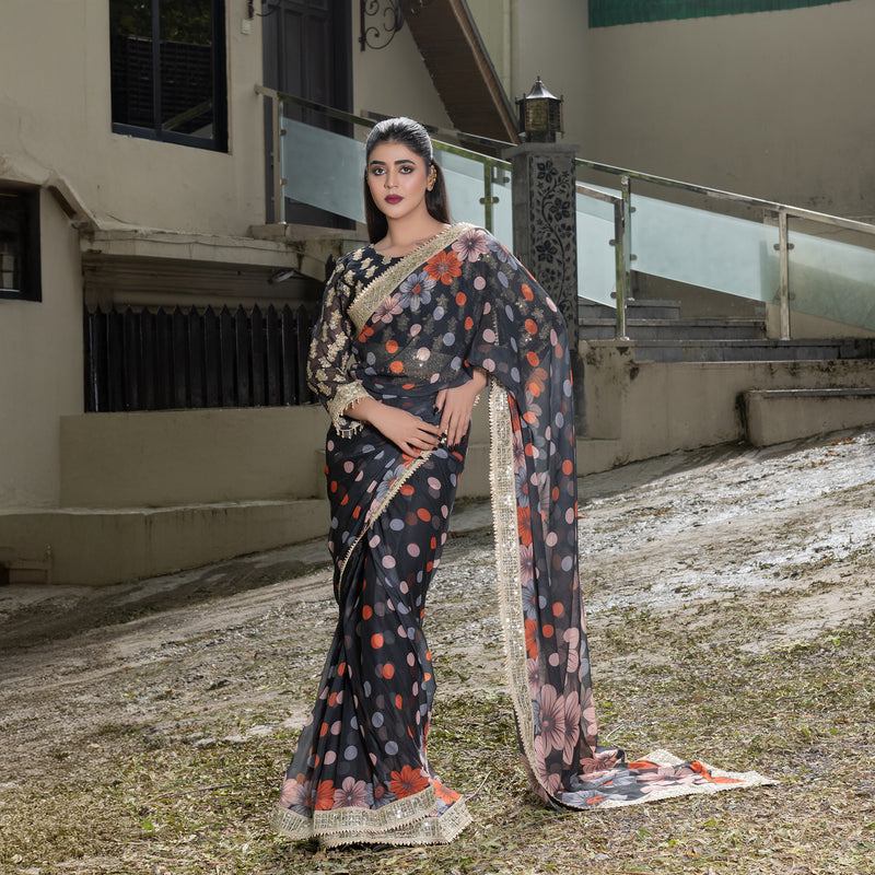 Printed Black Fully Embroidered Saree with Gotta Patti