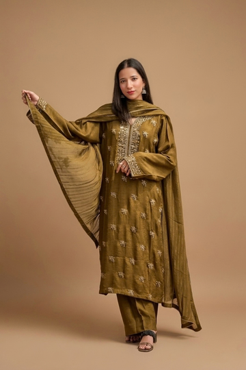 3 PCS Luxury Pure Handmade Zari Silk Mehndi-Suit