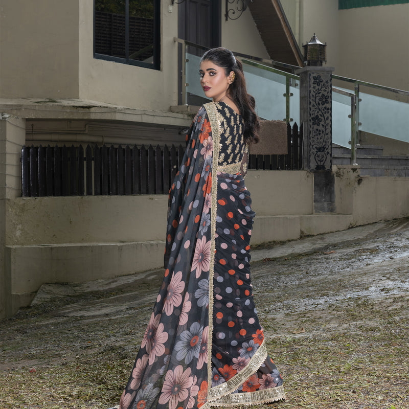 Printed Black Fully Embroidered Saree with Gotta Patti