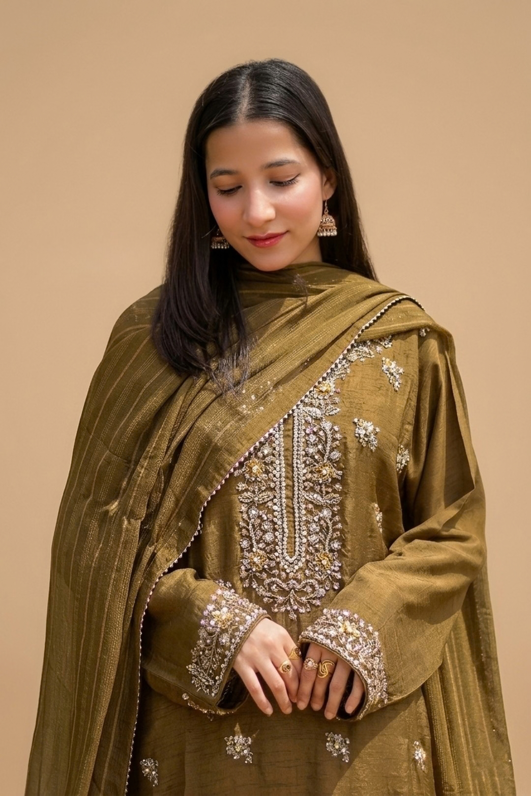 3 PCS Luxury Pure Handmade Zari Silk Mehndi-Suit