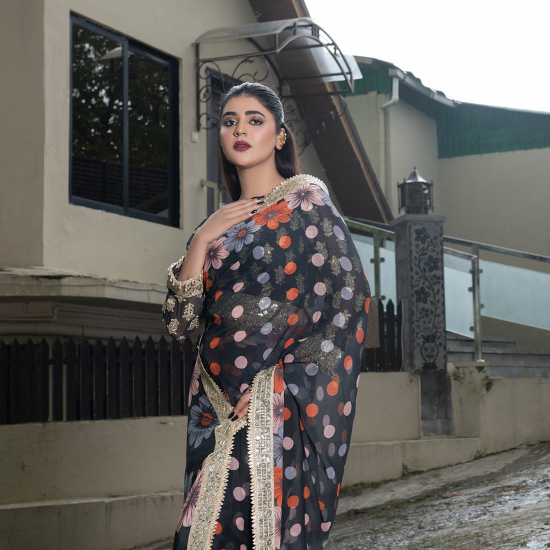 Printed Black Fully Embroidered Saree with Gotta Patti