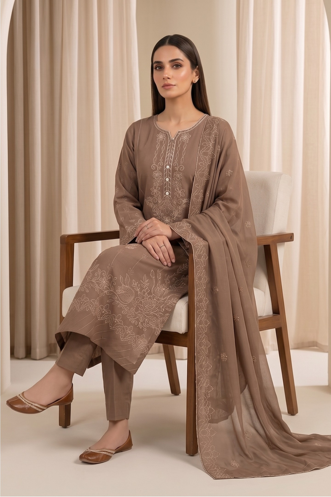 3-Piece Embroidered Lawn Light Brown Suit