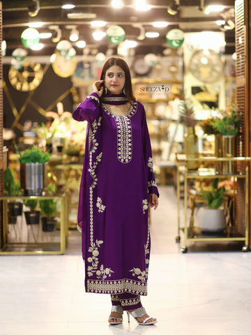 Royal Amethyst – Embroidered Viscose 3 Piece Suit