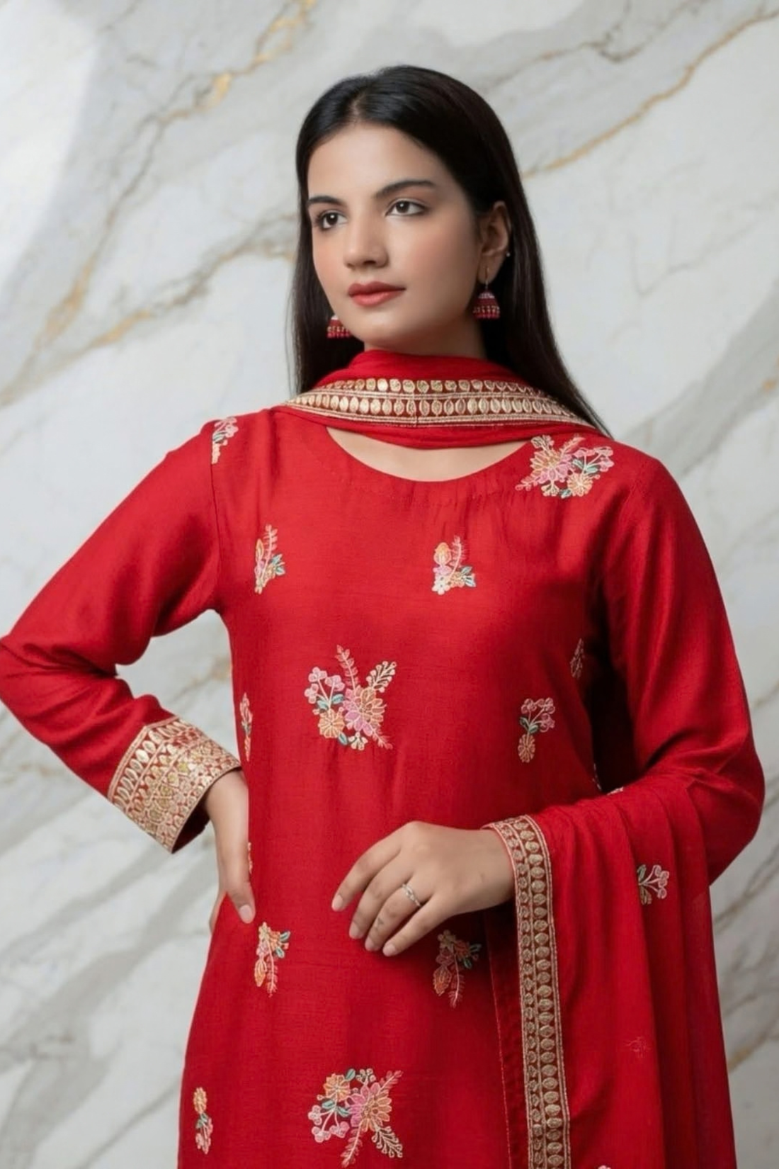 Ruby Grace – 3 Pcs Embroidered Raw Silk Suit