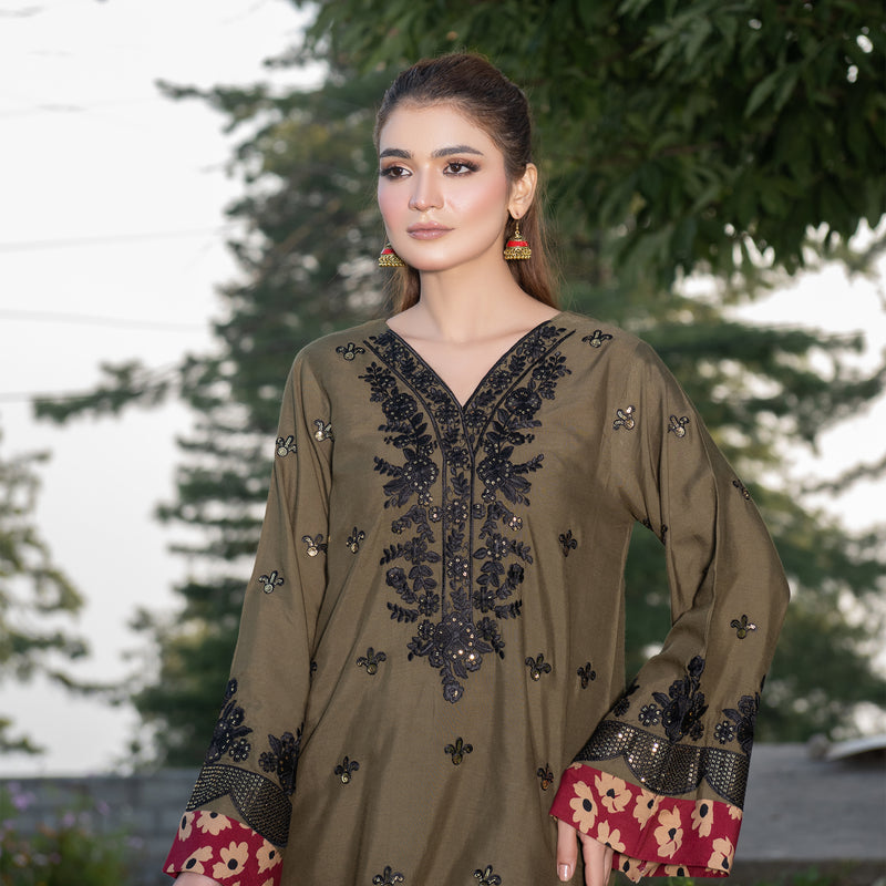 Olive Green Fully Embroidered 2-Piece Winter Luxe Pret