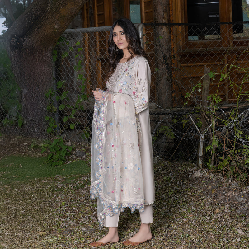 Off-White Fully Embroidered 3-Piece Winter Luxe Pret