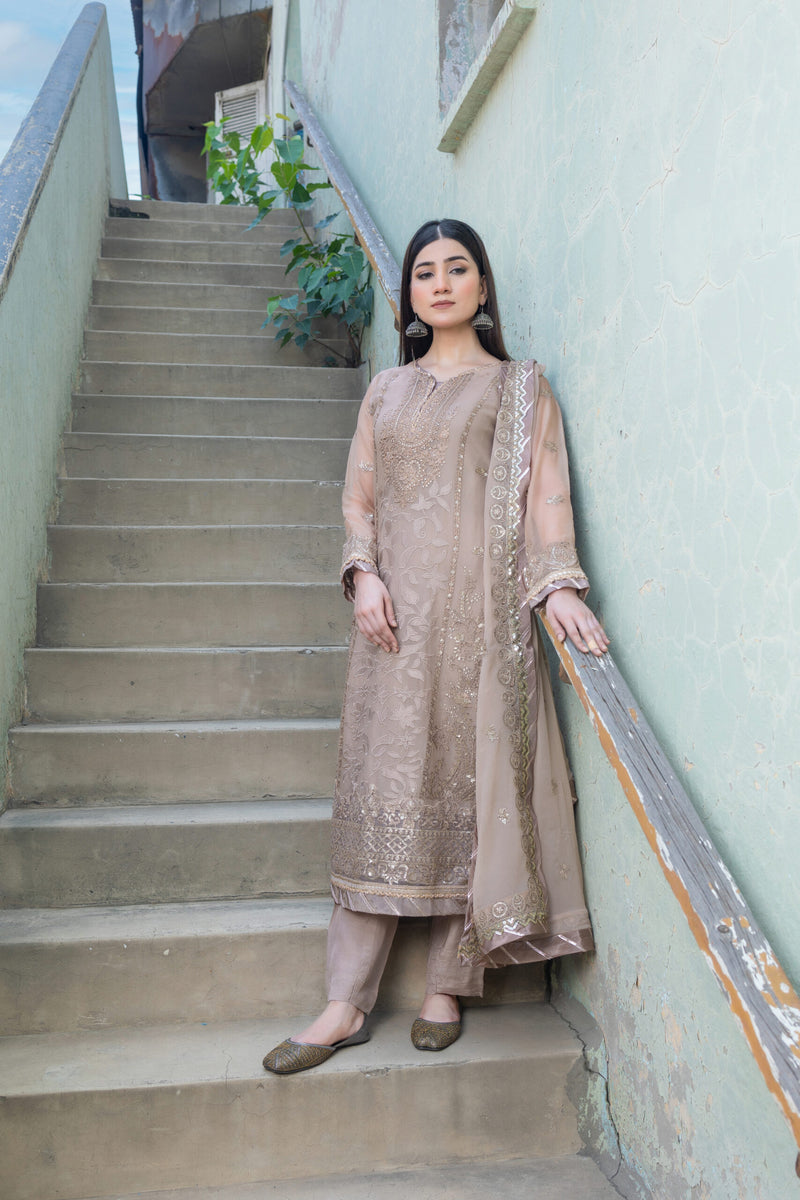 SDRS24-106 3 Piece Coffee Embroidered Suit | Ready To Wear