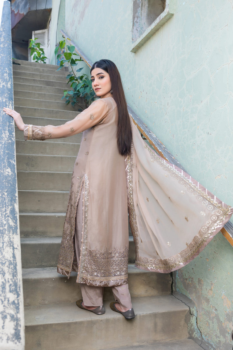 SDRS24-106 3 Piece Coffee Embroidered Suit | Ready To Wear
