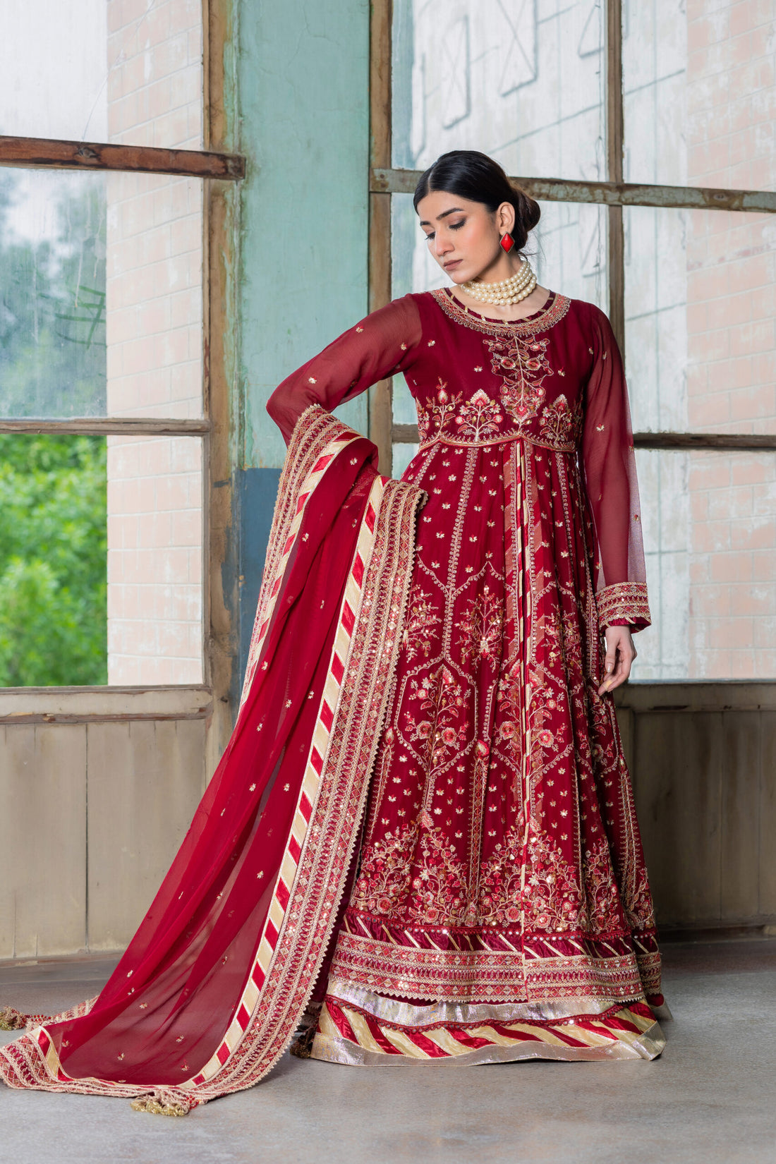 SDRS24-108 3 Piece Embroidered Maroon Chiffon Maxi | Stitched |