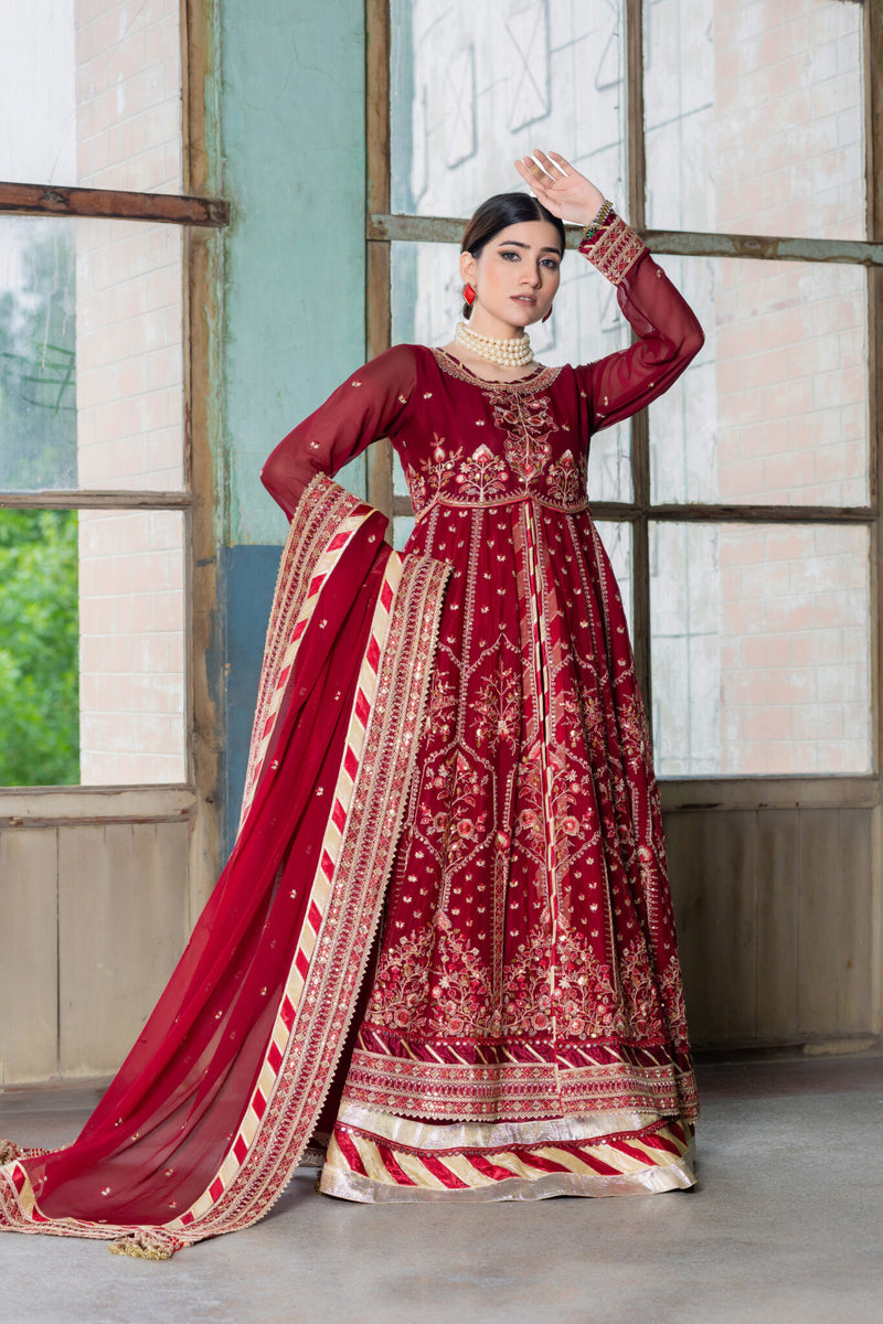 SDRS24-108 3 Piece Embroidered Maroon Chiffon Maxi | Stitched |
