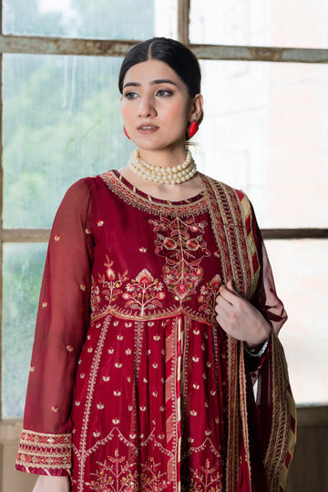 SDRS24-108 3 Piece Embroidered Maroon Chiffon Maxi | Stitched |