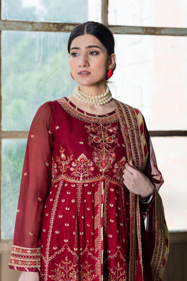 SDRS24-108 3 Piece Embroidered Maroon Chiffon Maxi | Stitched |