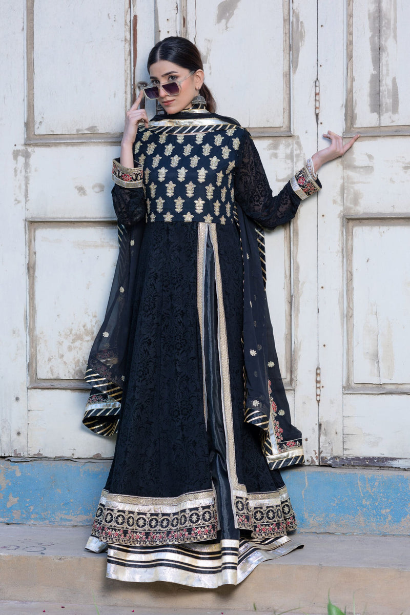 SDRS24-116 3-Piece Black Velvet Embroidered Maxi | Ready To Wear |