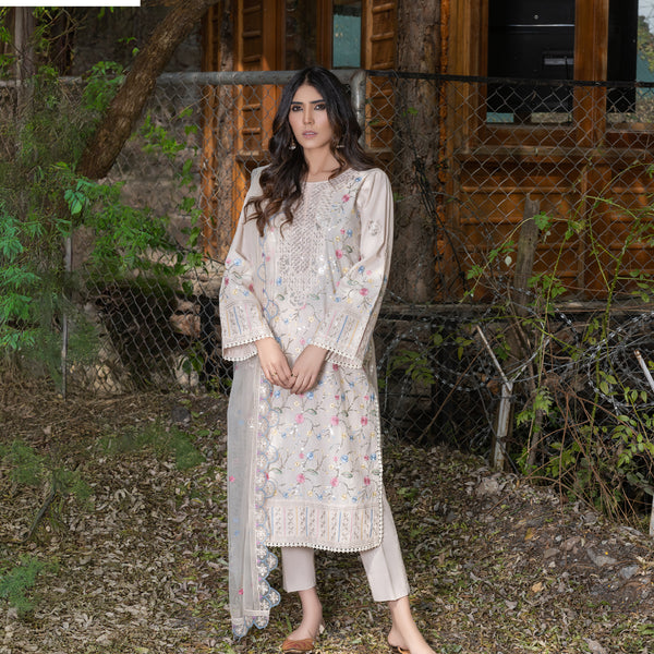 Off-White Fully Embroidered 3-Piece Winter Luxe Pret