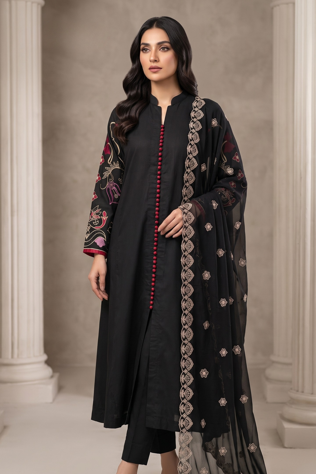3 PCS Elegant Embroidered Viscose Black Suit