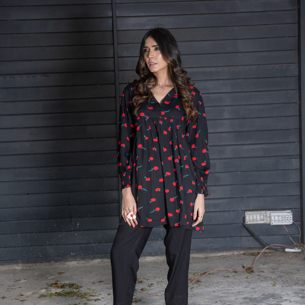 Black Printed Short Frock &amp; Dyed Straight Trouser – 2-Piece Winter Luxe Pret