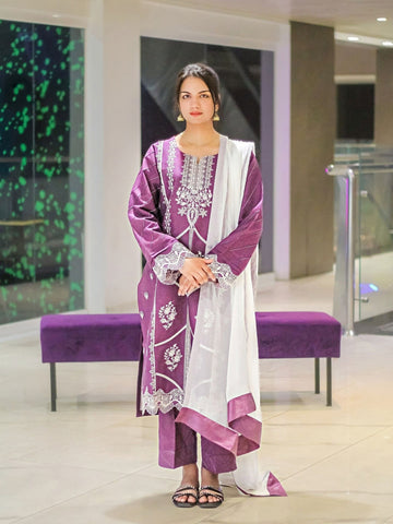 3 piece elegant embroidered lawn suit purple