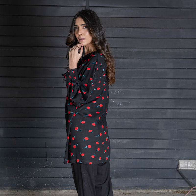 Black Printed Short Frock &amp; Dyed Straight Trouser – 2-Piece Winter Luxe Pret