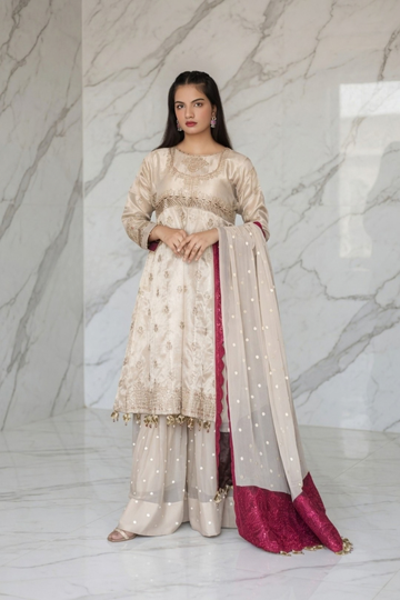 3 piece Skin Zari Silk Embroidered suit