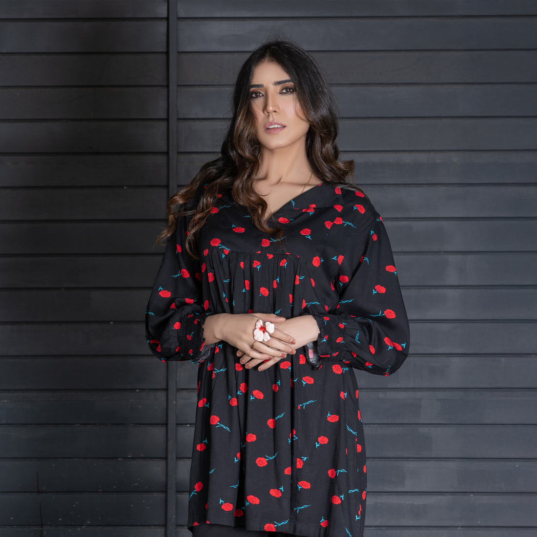 Black Printed Short Frock &amp; Dyed Straight Trouser – 2-Piece Winter Luxe Pret