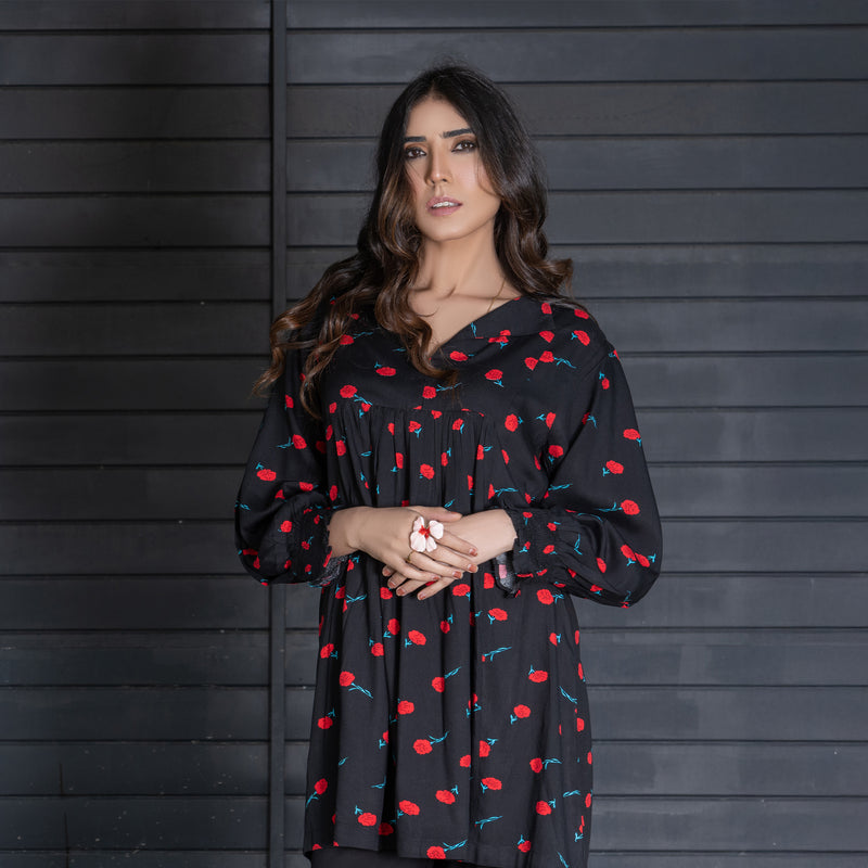 Black Printed Short Frock &amp; Dyed Straight Trouser – 2-Piece Winter Luxe Pret