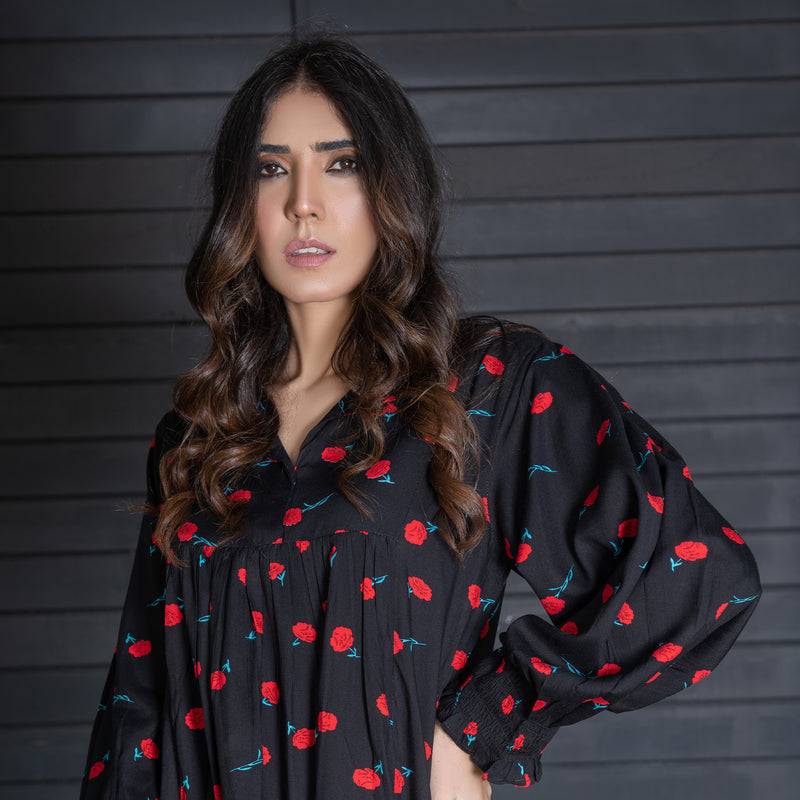 Black Printed Short Frock &amp; Dyed Straight Trouser – 2-Piece Winter Luxe Pret